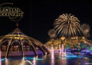 Universal Epic Universe estrenará «Universal Celestial Goodnight» el nuevo espectáculo nocturno con fuegos artificiales y fuentes danzantes