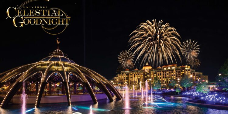 Universal Epic Universe estrenará «Universal Celestial Goodnight» el nuevo espectáculo nocturno con fuegos artificiales y fuentes danzantes